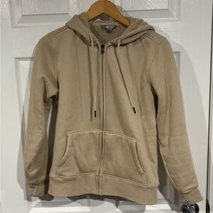 Tan Zip-Up Hoodie with Sherpa Lining